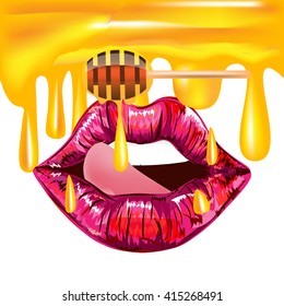 Bright colored vector of sexy magenta lips and tongue licks sweet honey drips from dipstick on white background 
