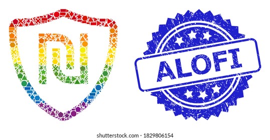 Bright colored vector shekel shield mosaic for LGBT, and Alofi rubber rosette seal. Blue seal contains Alofi tag inside rosette.
