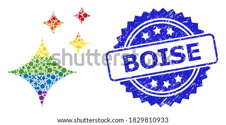 Bright colored vector shine stars collage for LGBT, and Boise scratched rosette seal imitation. Blue stamp seal includes Boise title inside rosette.