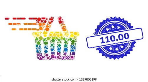 Bright colored vector shopping basket collage for LGBT, and 110.00 corroded rosette seal imitation. Blue seal has 110.00 text inside rosette.