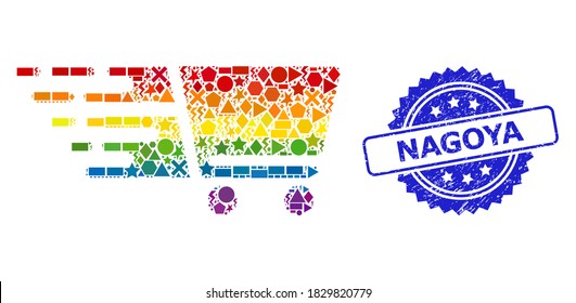 Collage del carrito de la compra de vectores de color brillante para LGBT, y sello de la rosetta de goma de Nagoya. El sello azul incluye el texto de Nagoya dentro de la roseta.