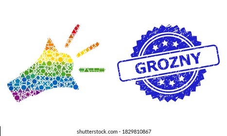 Collage de altavoces de sonido vectorial de color brillante para LGBT y impresión de sello de rosette de goma Grozny. El sello azul incluye la etiqueta Grozny dentro de la roseta.
