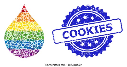 Bright colored vector water drop mosaic for LGBT, and Cookies unclean rosette stamp. Blue stamp seal includes Cookies title inside rosette.