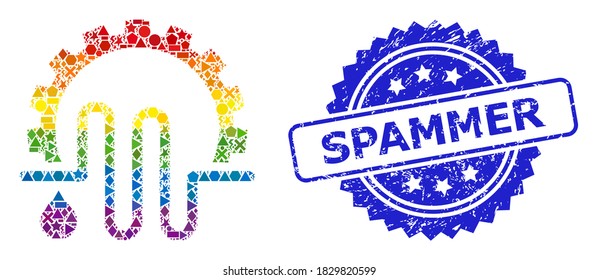 Hellfarbiges Vektorwasserzufuhrmosaik für LGBT und Spammer Gummirosette-Siegel. Das blaue Siegel enthält Spammer-Titel in Rosette.