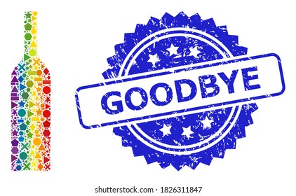 Bright colored vector wine bottle mosaic for LGBT, and Goodbye corroded rosette stamp. Blue stamp contains Goodbye caption inside rosette.