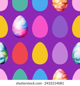 Bright colored watercolor Easter eggs with flowers on purple background.  Easter seamless pattern, vector illustration.  Texture for fabric, wrapping, wallpaper, print