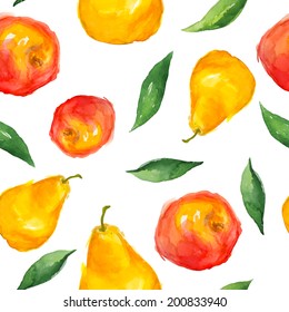 bright colored watercolor fruit seamless pattern in a summer style - apples, pears and leaves on a white background (isolated)