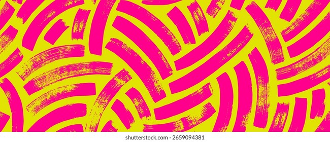 Bright colored weave seamless pattern with curved bold brush strokes. Neon yellow and pink abstract geometric wrapping paper. Labyrinth or maze bold curved lines. Scribble brush strokes background.