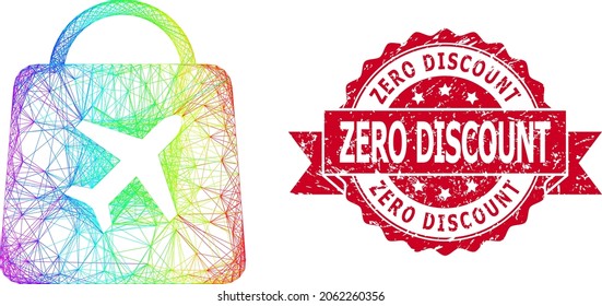Bright colored wire frame airport shopping, and Zero Discount rubber ribbon seal print. Red seal includes Zero Discount title inside ribbon.