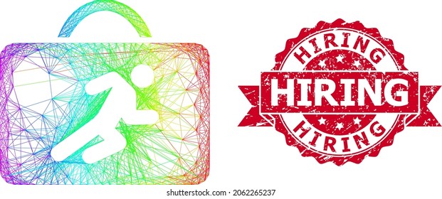 Hellfarbene Drahtzieher-Karrieregehäuse und Anmietung von Gummibandstempeln. Rote Stempelsiegel enthalten Einstellmarke in Ribbon.Geometrisches lineares 2D-Netz auf Basis des Karrierefallsymbol;