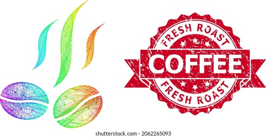 Bright colored wire frame coffee beans smell, and Fresh Roast Coffee grunge ribbon seal. Red stamp seal contains Fresh Roast Coffee caption inside ribbon.