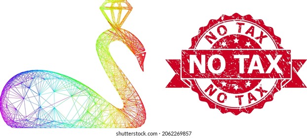 Bright colored wire frame crowned swan, and No Tax rubber ribbon seal imitation. Red seal has No Tax text inside ribbon.Geometric wire frame flat network based on crowned swan icon,