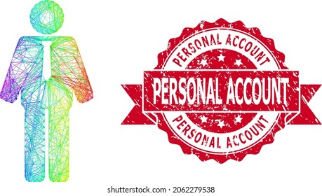 Bright colored wire frame groom, and Personal Account dirty ribbon seal imitation. Red seal includes Personal Account title inside ribbon.Geometric wire frame flat net based on groom icon,