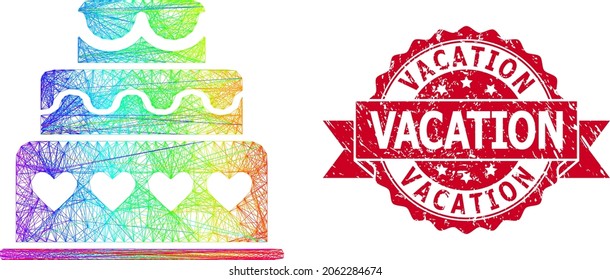 Bright colored wire frame marriage cake, and Vacation unclean ribbon stamp seal. Red stamp seal has Vacation title inside ribbon.Geometric linear frame 2D net based on marriage cake icon,