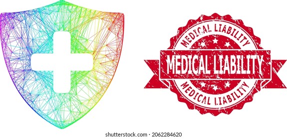 Bright colored wire frame medical shield, and Medical Liability scratched ribbon seal print. Red stamp seal includes Medical Liability title inside ribbon.
