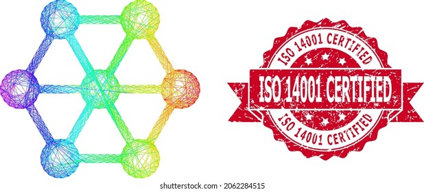 Bright colored wire frame node connections, and ISO 14001 Certified grunge ribbon stamp. Red stamp includes ISO 14001 Certified title inside ribbon.