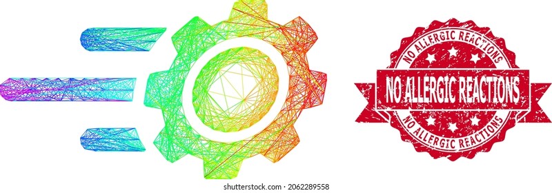 Bright colored wire frame rush gear, and No Allergic Reactions dirty ribbon seal print. Red stamp seal contains No Allergic Reactions title inside ribbon.