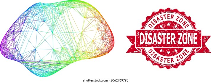 Bright colored wire frame spot simple, and Disaster Zone textured ribbon stamp seal. Red seal has Disaster Zone caption inside ribbon.Geometric linear frame 2D net based on spot simple icon,