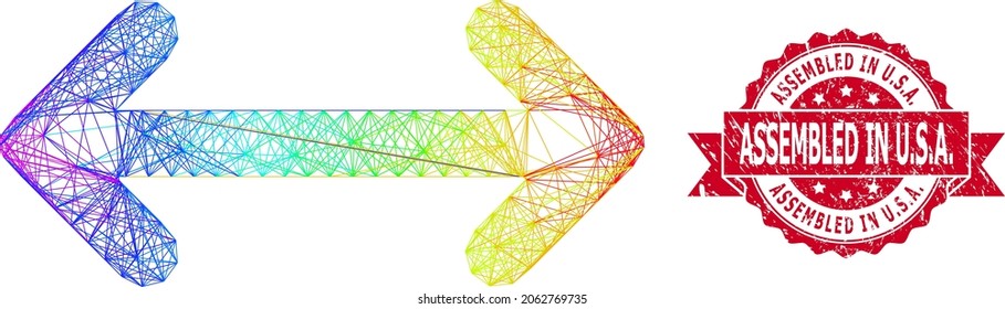 Bright colored wire frame swap arrows, and Assembled in U.S.A. corroded ribbon seal. Red seal has Assembled in U.S.A. title inside ribbon.Geometric wire carcass 2D network based on swap arrows icon,