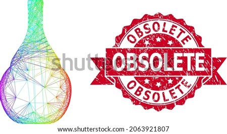 Bright colored wire frame wine jug, and Obsolete scratched ribbon seal. Red seal has Obsolete text inside ribbon.Geometric hatched frame 2D net based on wine jug icon, generated with crossing lines,