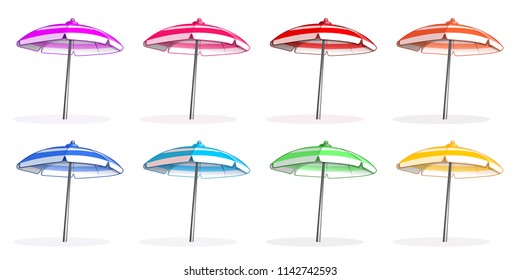 Bright colorfu multi-colored beach umbrellas set. Beach umbrella side view. Vector illustration isolated on white background