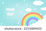 Bright and colorful 3d clay vector illustration of a rainy day with a rainbow, raindrops and clouds. Banner for sales and coupon promotions with copy space.