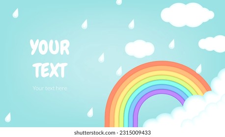 Bright and colorful 3d clay vector illustration of a rainy day with a rainbow, raindrops and clouds. Banner for sales and coupon promotions with copy space.