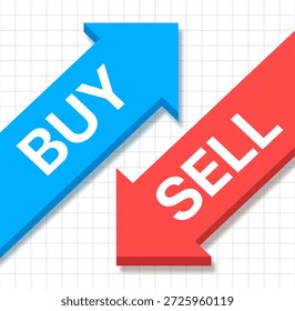 Brillante y colorido concepto de Imagen 3D de dos flechas de una venta o bahía de negociación exitosa en el mercado de valores o criptomonedas