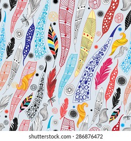 bright colorful abstract background with feathers and leaves 