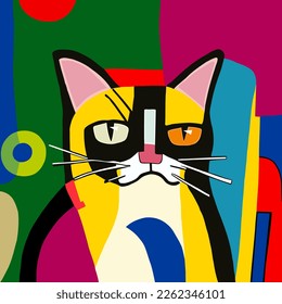 A bright and colorful abstract composition portrait of a cat inspired by the Cubist and Bauhaus art movements.
