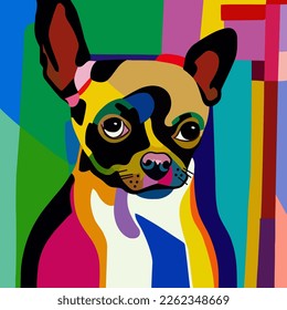 A bright and colorful abstract composition portrait of a chihuahua inspired by the Cubist and Bauhaus art movements.
