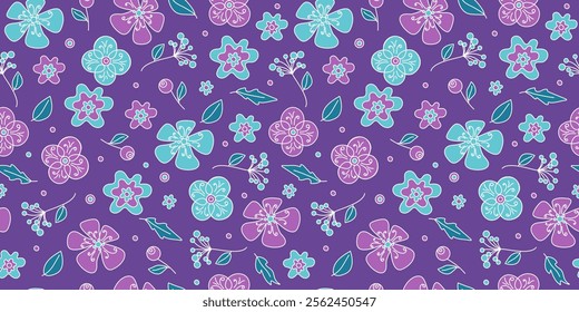 Bright colorful abstract flowers. Drawing, doodle. Floral repeating pattern. Plant botanical seamless background for printing packaging, wallpaper, textile.