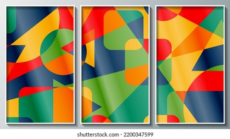 Bright Colorful Abstract Geometric Triptych. Colorful Polygonal Surface. Three Images In White Thin Frames. Vector.