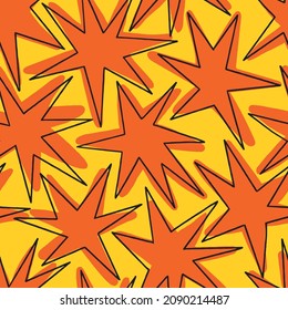 Bright and colorful abstract hand drawn pattern with stars. Bold colors seamless pattern for fabric, wrapping paper and other design, celebration attractive vibes.