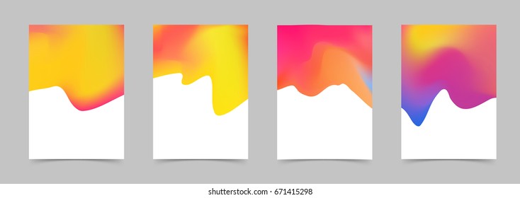 Bright colorful abstract liquid modern poster design. Mild fluid graphic folder layout collection. Halftone color border background. Vector illustration