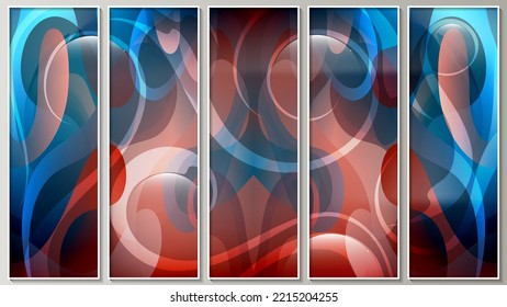 Bright colorful abstract panel. Chaotically overlapping translucent shapes with wavy edges. Five images in white thin frames. Vector.