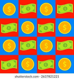 A bright, colorful, and abstract pattern featuring repeating elements of golden coins and green banknotes on a red and blue background, symbolizing finance, wealth, and currency.