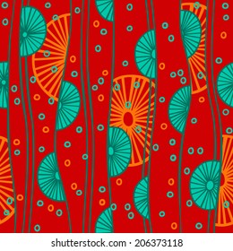 Bright colorful abstract seamless pattern. Orange lines, circles and dots with turquoise details. Ethnic stylized vector background for print, web or textile.