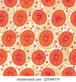 Bright colorful abstract seamless pattern. Red, orange and light brown circles and dots on beige background. Ethnic stylized vector background for print, web or textile. 