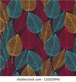 Bright colorful abstract seamless stylized pattern with leaves. Seamless decorative template leaf texture
