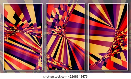Bright colorful abstract striped triptych. A beautiful panel for interior decoration, corporate designs, blogs, postcards, posters and your other projects. Vector. 