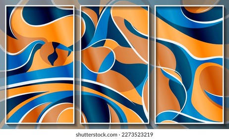 Bright colorful abstract triptych in street art style  Flowing curved white stripes mottled phong blue   orange tones  Three images in white thin frames  Author's work  Vector 