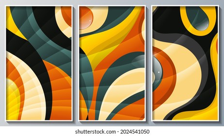 bright colorful abstract triptych. translucent wavy stripes against a background of a mixture of black, red, green, yellow, orange colors. three images in white frames. vector 