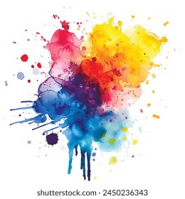 Bright colorful acrylic watercolor splash splatter liquid stain brush strokes on white background. Modern painting aquarelle spot. Trendy isolated painted vector design on white. Element. Textured.