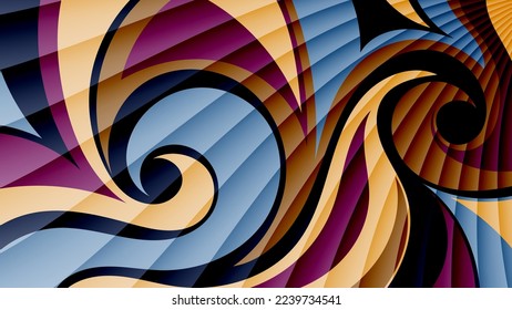 Bright colorful art background. Gently curved translucent stripes over overlapping, multicolored swirling shapes. Vector.