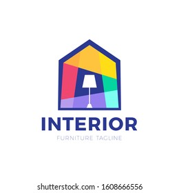 Bright Colorful Art House With Lamp Logo Vector, Creative Vector Logotype For Real Estate And Home Decor And Interior.