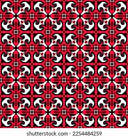 Bright colorful art seamless pattern in red-black-white colors. Overlapping art forms, stripes, polygons, segments are grouped and arranged in a certain order. Vector. 