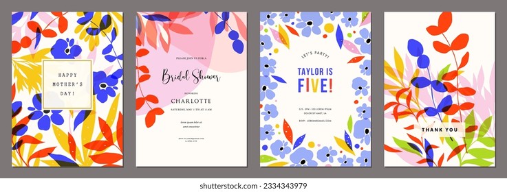 Bright and colorful artistic templates with floral elements. For poster, Birthday, Wedding and party invitation, flyer, email header, post in social networks, events and page cover.