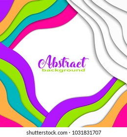Bright colorful asymmetric 3D abstract background with paper cut shapes. Trendy colors, wave, rainbow, frame, square, window. Vector eps 10 illustration