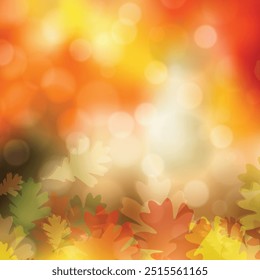 Bright colorful autumn background. Blur vector illustration with oak leaves, light sun glare. Fashionable and glamorous decoration of any of your bold advertising projects.